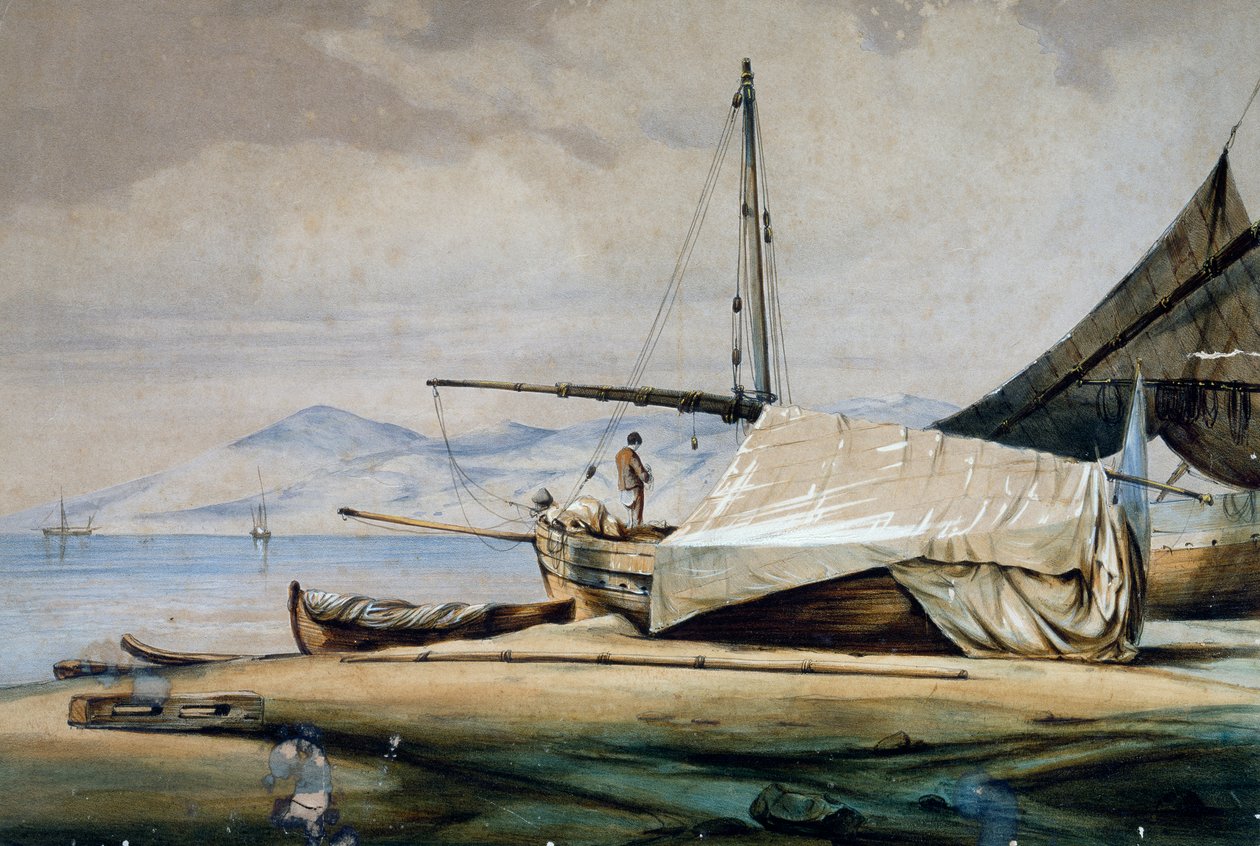 Leudi, barco de pesca liguriano, litografia colorida de Ferdinand Perrot de Ferdinand Victor Perrot