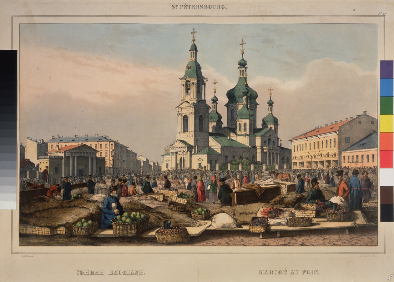 O Passeio do Feno e a Catedral da Assunção da Mãe de Deus, em São Petersburgo. Trabalho de Ferdinand Victor Perrot (1808-1841), litografia e aguarela sobre papel de Ferdinand Victor Perrot
