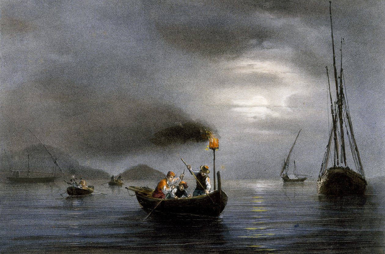 Pesca nocturna com candeeiro de pesca, litografia colorida de Ferdinand Perrot (1808-1841) de Ferdinand Victor Perrot