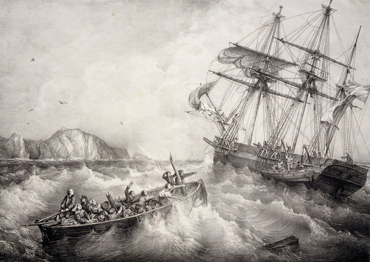 Resgate da tripulação do barco de pesca bretão pelo navio sueco Le Neptune, Litografia de Ferdinand Perrot de Ferdinand Victor Perrot