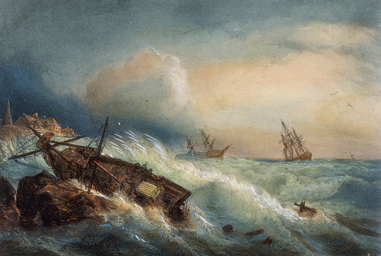 Naufrágio na costa de Saint Nazaire, litografia colorida de Ferdinand Perrot, França de Ferdinand Victor Perrot