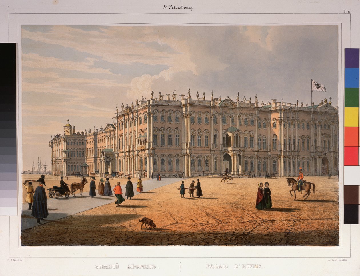 Vista do Palácio de Inverno em São Petersburgo. Obra de Ferdinand Victor Perrot (1808-1841), litografia e aquarela sobre papel de Ferdinand Victor Perrot