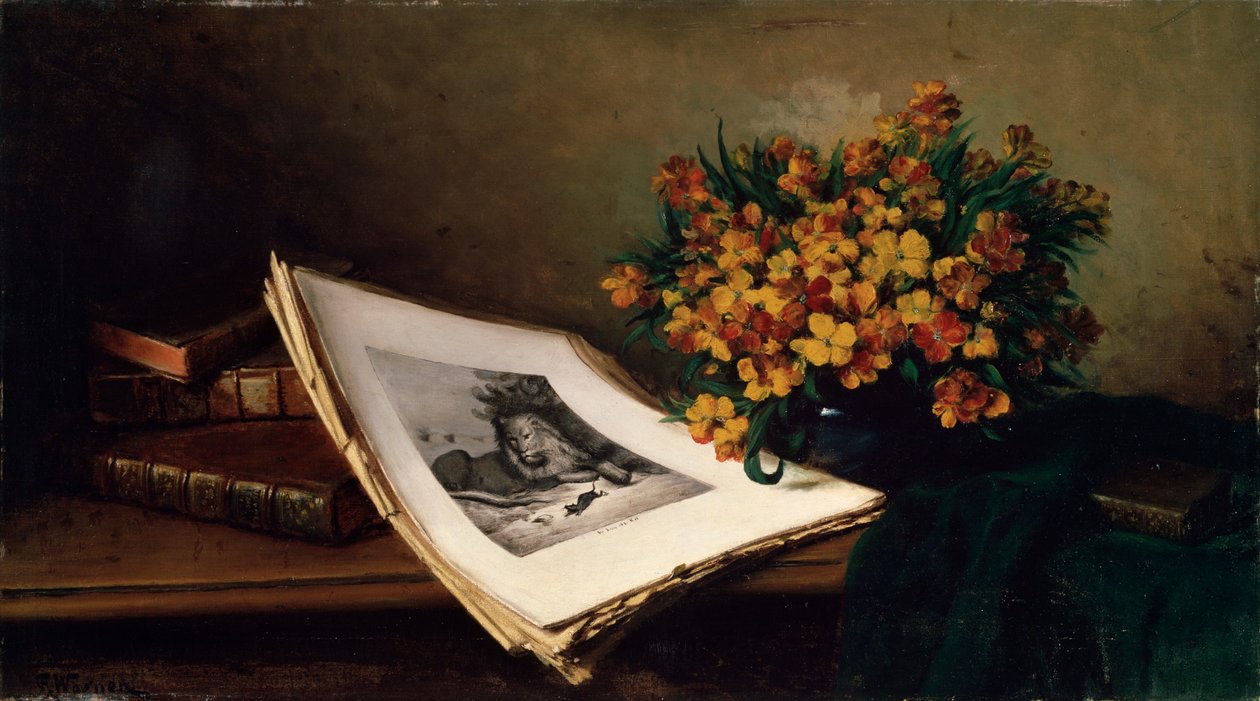 Ainda vida com uma litografia, século XIX de Ferdinand Wagner the elder