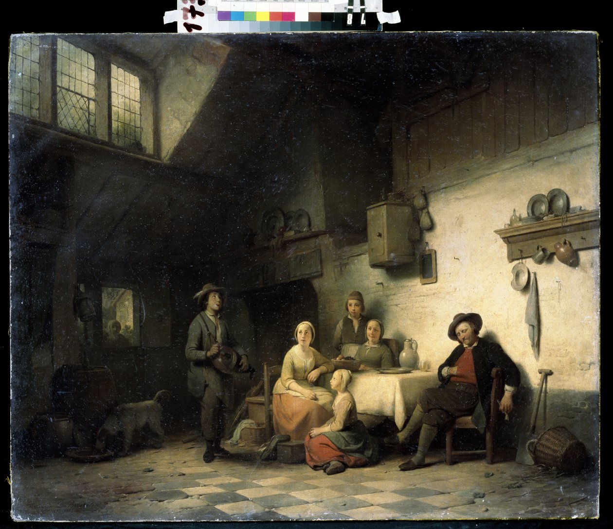 "O Concerto Privado" (House Concert) Uma família reunida num interior modesto na Bélgica ouve um músico a tocar o hurdy-gurdy. Pintura de Ferdinand de Braekeleer, o mais velho (1792-1883) Museu de Arte Mikhail Kroshitsky do século XIX, Sevastopol (Se de Ferdinand de Braekeleer