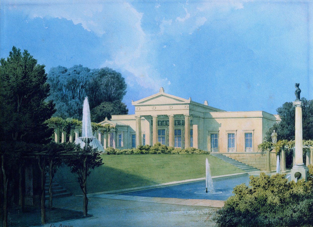 Vista de Charlottenhof do jardim, 1855 (caneta e tinta e wc no papel) de Ferdinand von Arnim