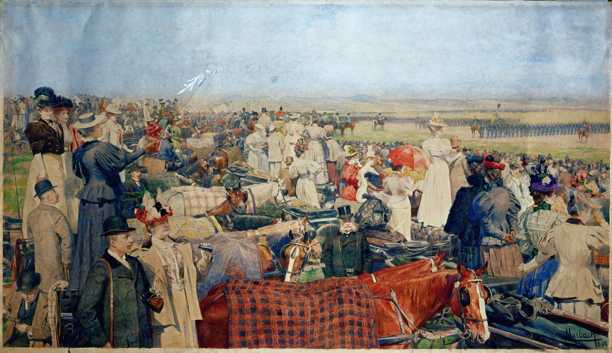 Desfile de primavera no Schmelz, o maior campo de desfiles de Viena ... (aguarela) de Ferdinand von Myrbach