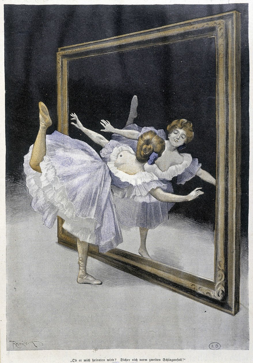 Dança clássica: dançarino a fazer exercícios em frente a um espelho - n.d., doc. alemão. de Ferdinand von Reznicek