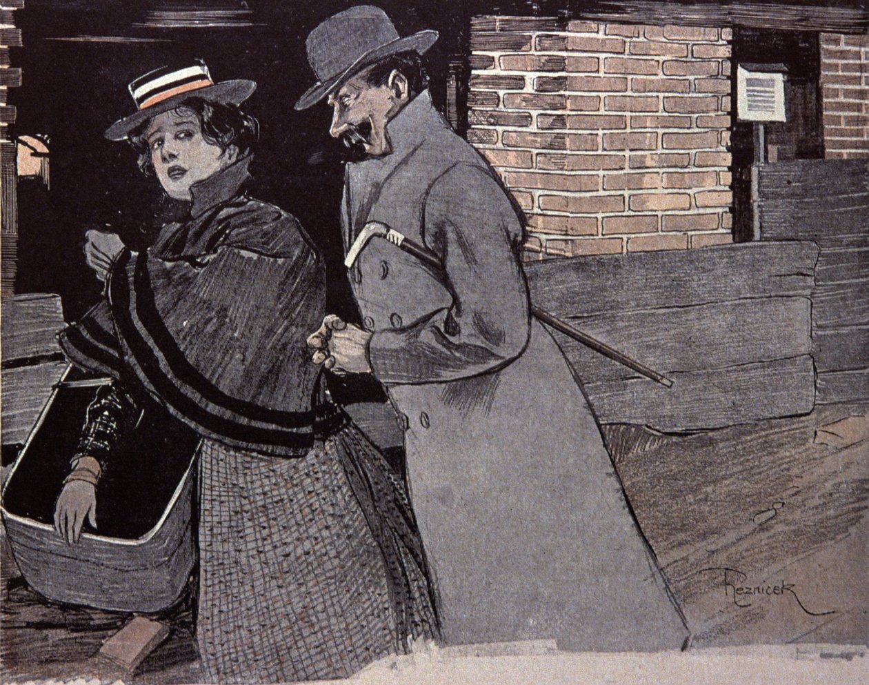 Homem a assediar uma jovem mulher. Ilustração de F. Von Reznicek em: Simplicissimus, Alemanha de Ferdinand von Reznicek
