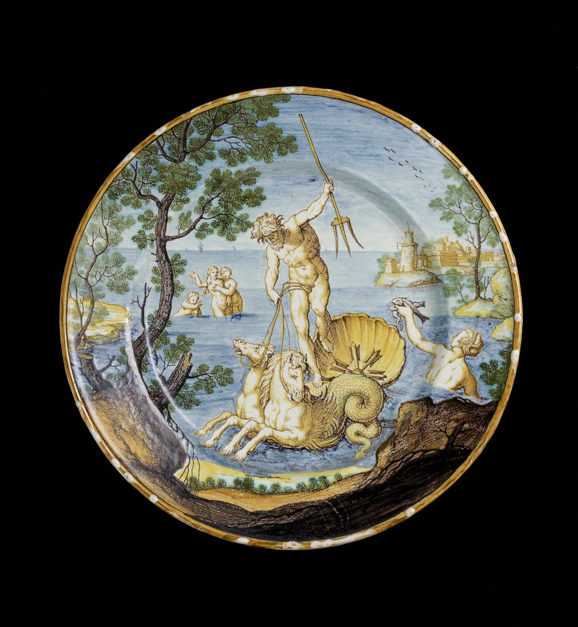 Placa com Netuno em sua carruagem, c. 1730 - 1750 faiança de estanho vidrada, maiolica de Ferdinando Maria Campani