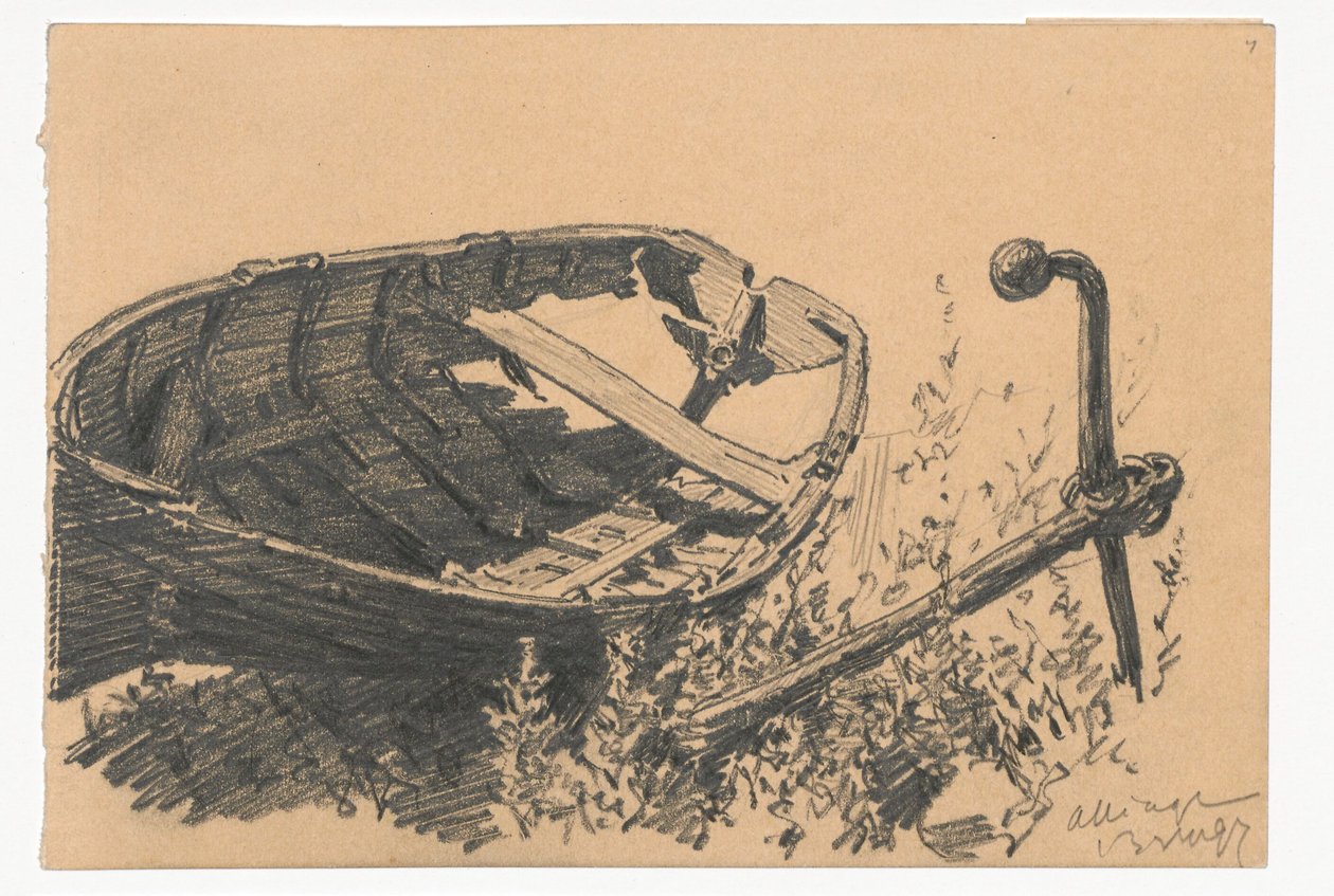Barco furado e âncora na margem de Ferdynand Ruszczyc