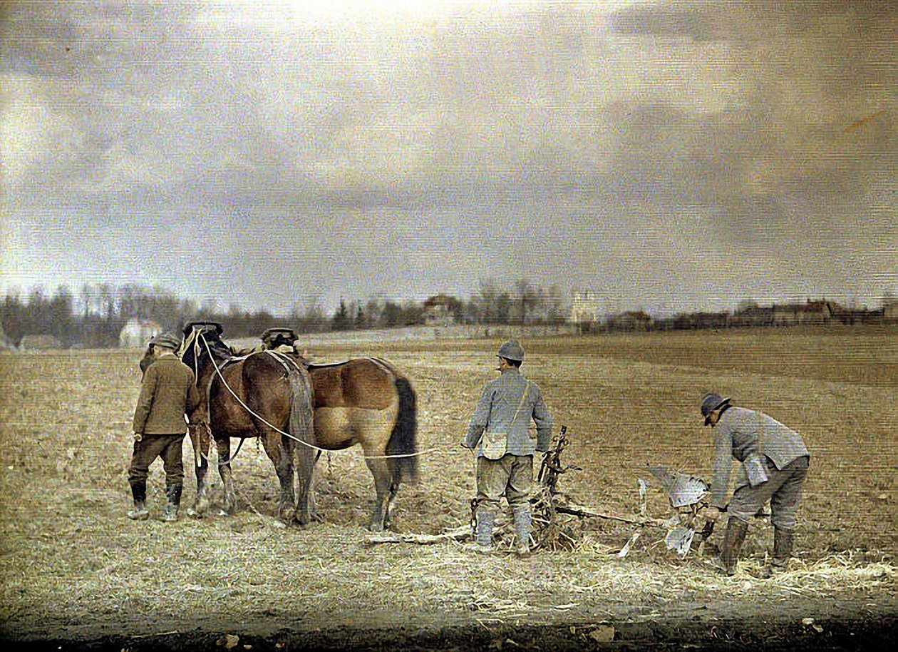 Um fazendeiro e dois soldados franceses arando com dois cavalos, Marne, França, 1917 (autocrômico) de Fernand Cuville