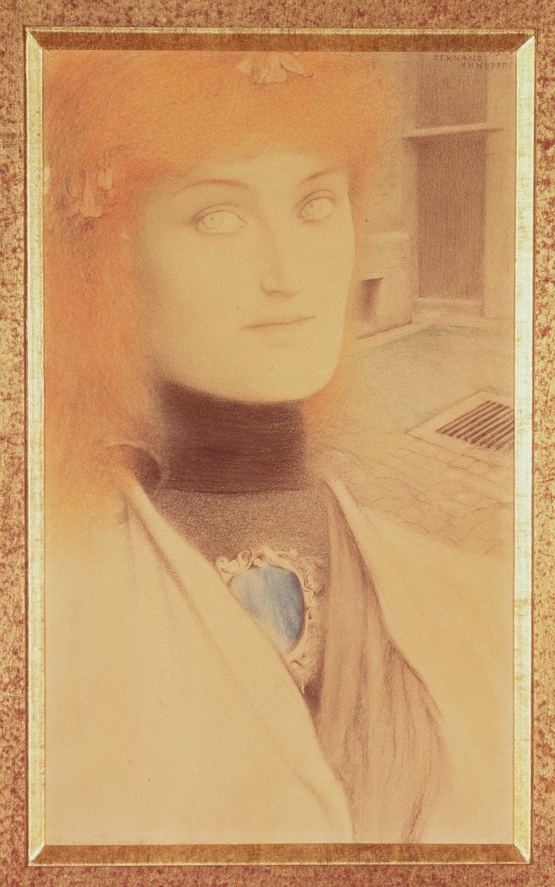 Quem deve me entregar (lápis colorido no papel) de Fernand Khnopff