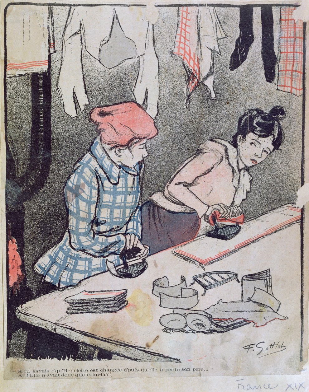 Caricatura, descrevendo, dois, washerwomen, fofoque, tarde, 19o século de Fernand Louis Gottlob