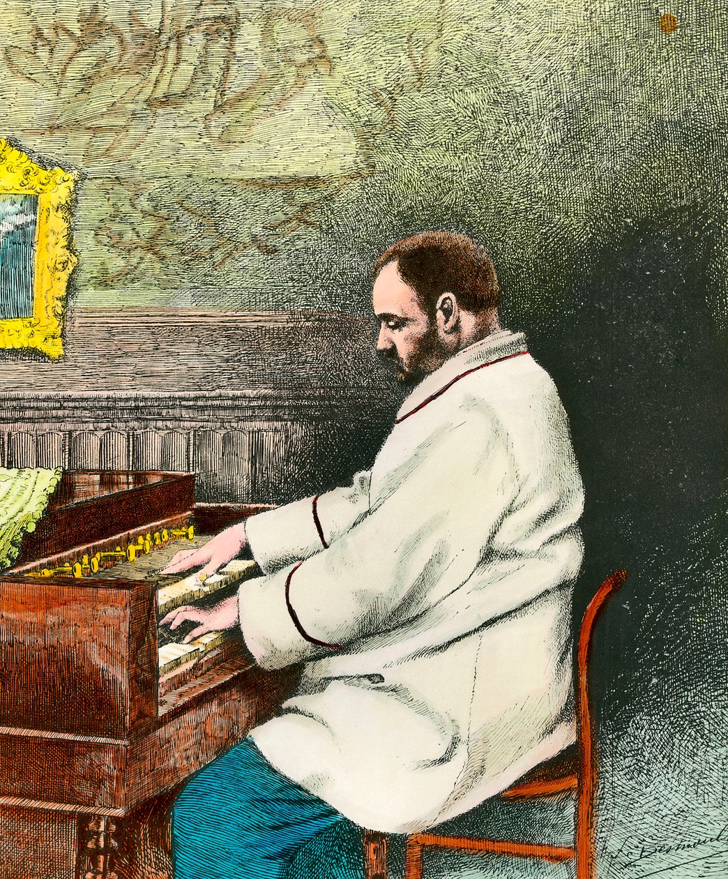 Retrato de Emile Zola (1840-1902) tocando órgão. Gravura de Desmoulin (século XIX). Coll. Sai. de Fernand Desmoulin