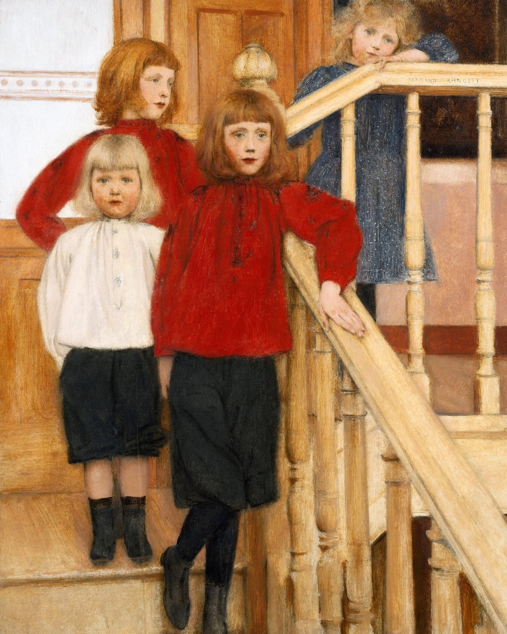 ""Os filhos do Sr. Neve"" Quatro crianças numa escada Pintura de Fernand Khnopff (1858-1921) 1893 Colecção particular de Fernand Khnopff