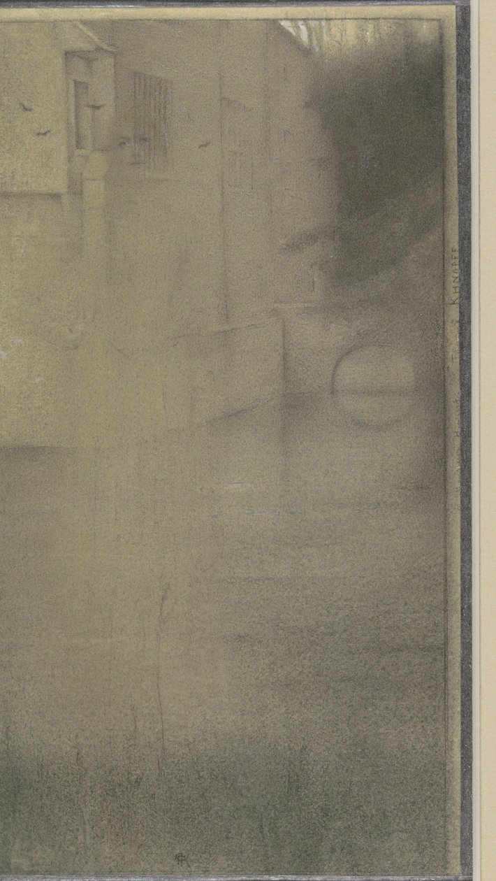 Sombra de uma mulher em frente a uma casa cercada por água de Fernand Khnopff