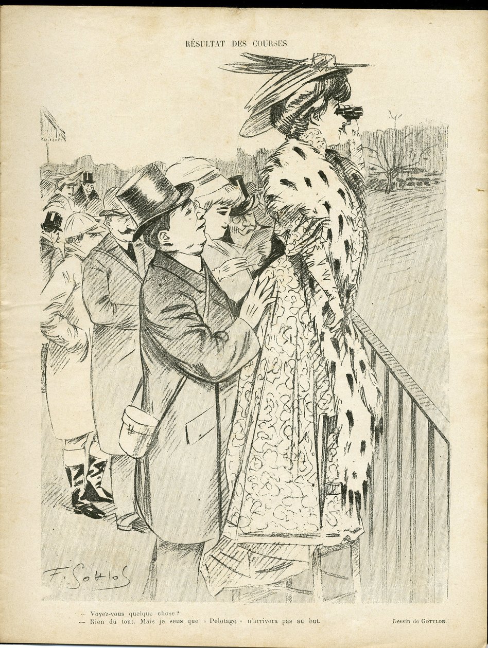 Ilustração de Gottlob (1873-1935) em Le Lire, 21/12/07 - Resultados das corridas - Amor, Moda, Vida dos ricos, Hippismo - Mulheres de Fernand Louis Gottlob