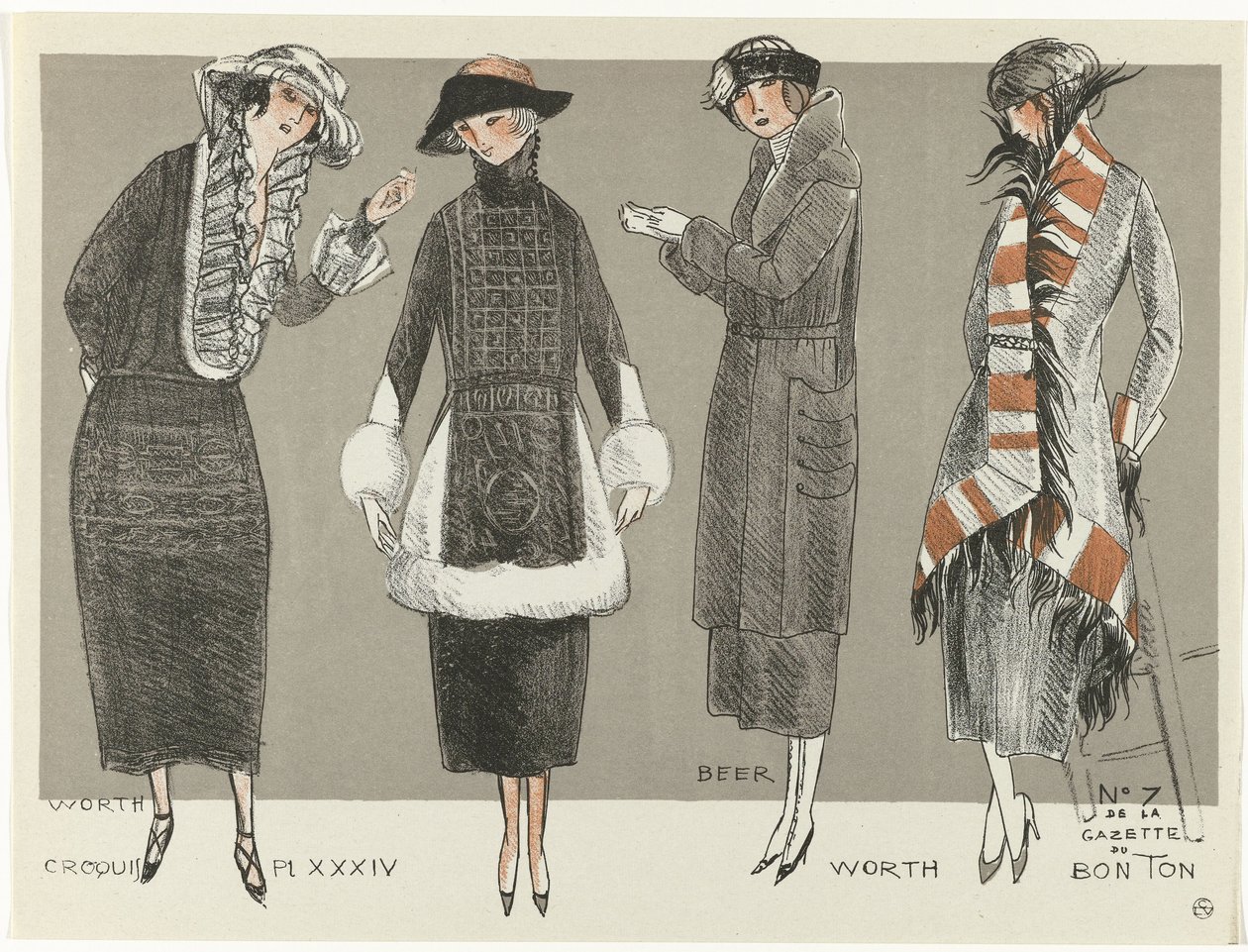 Gazette du Bon Ton, 1920 - No. 7, Croquis Pl XXXIV: Worth / Beer / Worth (título sobre o objecto) de Fernand Siméon
