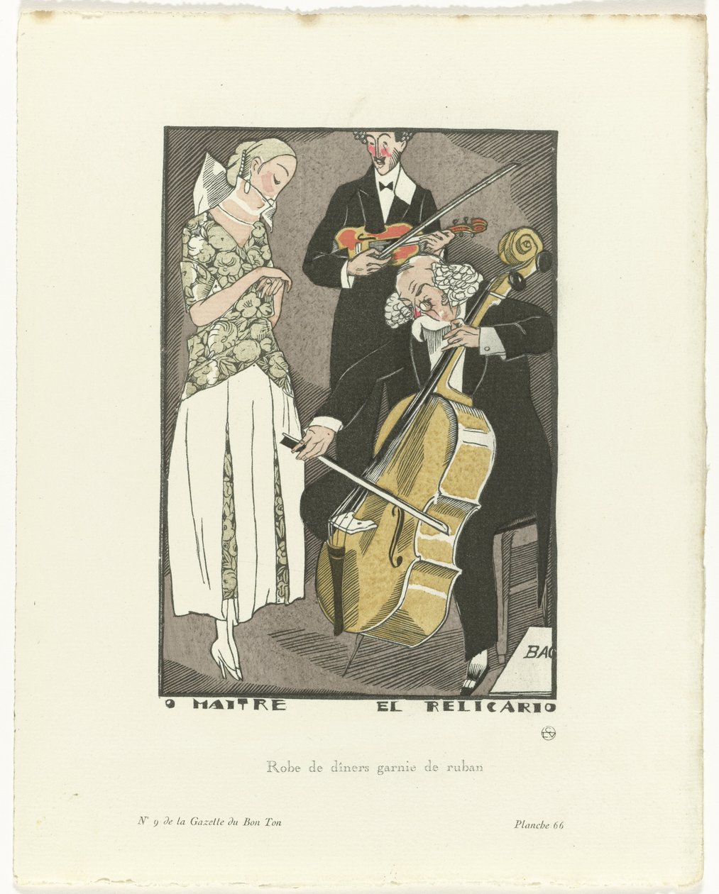 Gazette du Bon Ton, 1920 - Nº 9, Pl. 66: O Maitre el Relicario / Vestido de jantar debruado com fita (título no objeto) de Fernand Siméon
