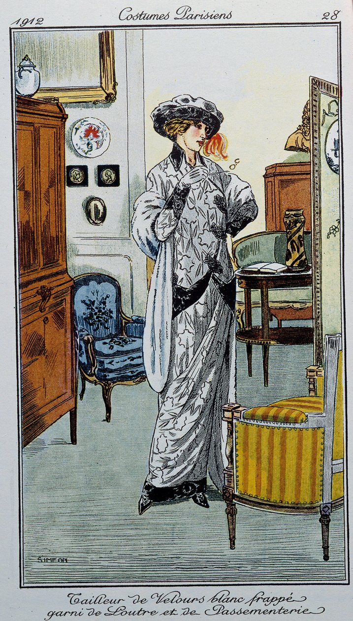Trajes parisienses: alfaiate de veludo branco listrado com lontra e enfeites Dessine by Fernand Simeon de Fernand Siméon