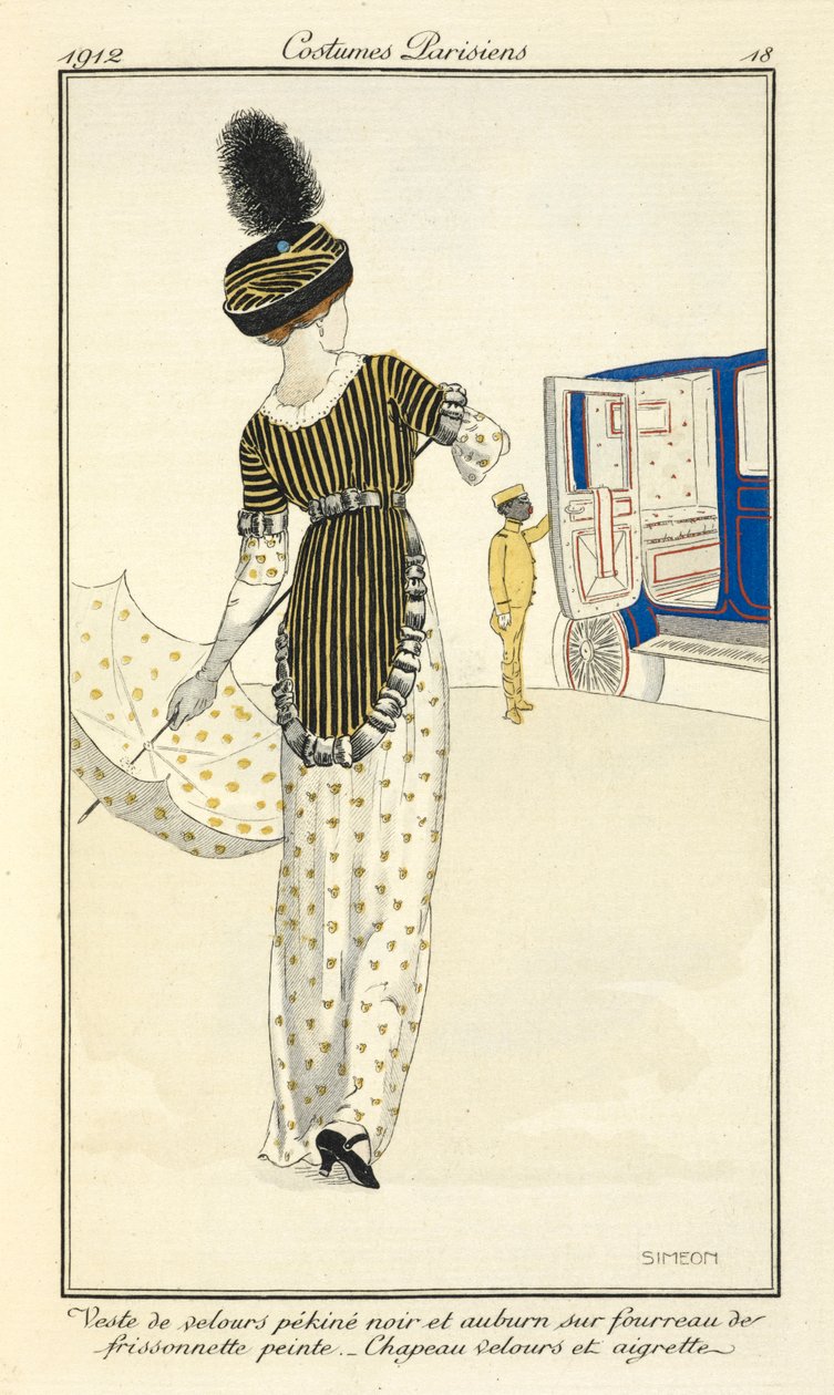 "Casaco de veludo preto e de anoraque em pele de pequim sobre uma bainha de folho pintada. Chapéu de veludo e aigrette. de Fernand Siméon