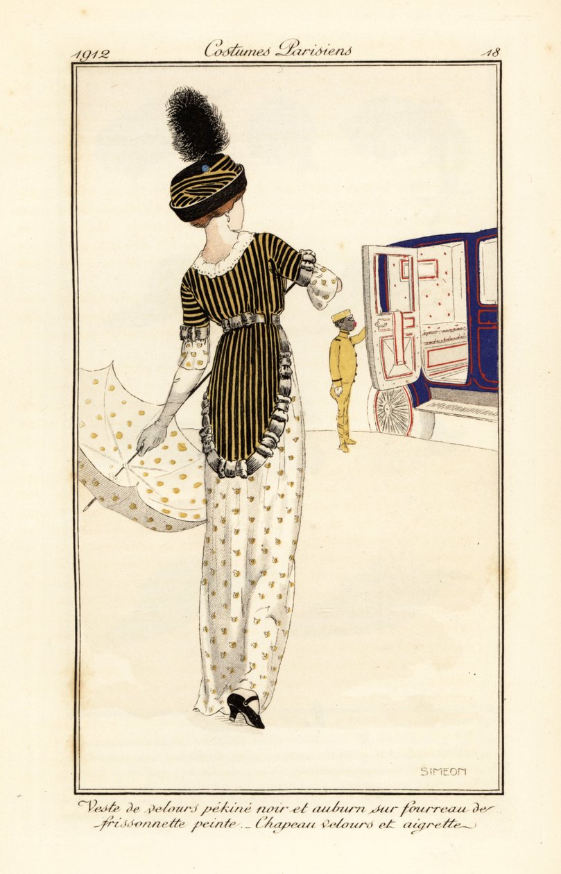 Mulher com colete de veludo pequenino sobre um vestido de bainha estampado de Fernand Siméon