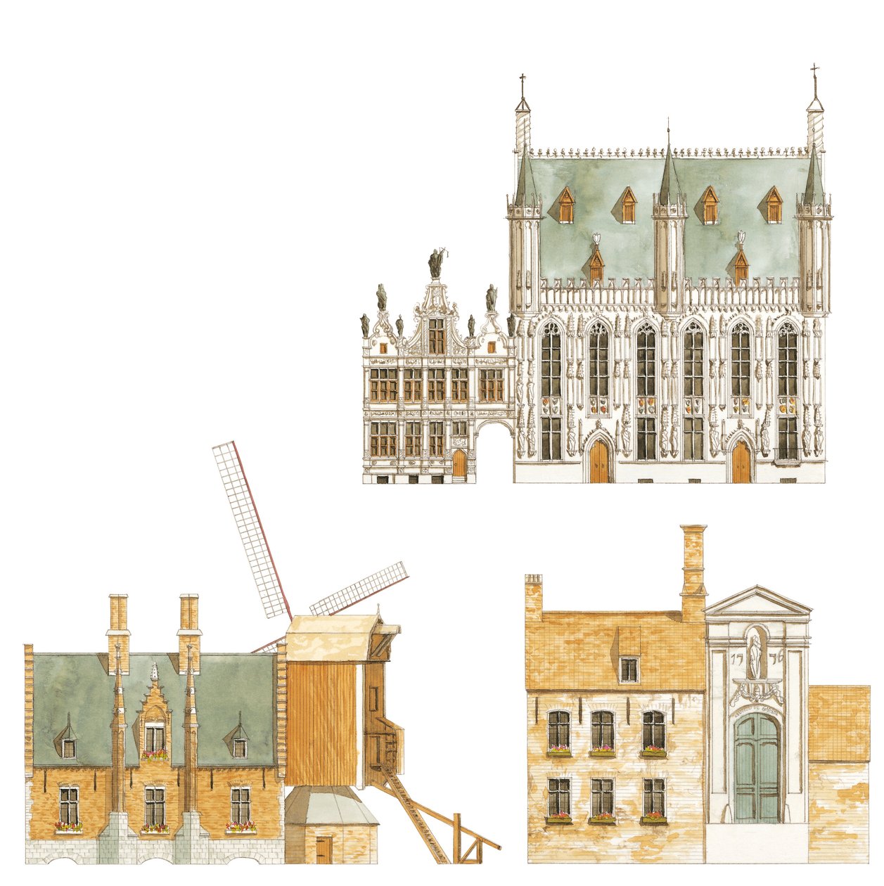 Bruges, na Bélgica. Câmara Municipal e casas tradicionais de Fernando Aznar Cenamor