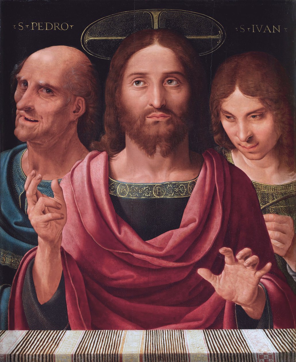 Salvator Mundi entre os Santos Pedro e João, c.1507 (óleo sobre madeira) de Fernando Yanez de Almedina