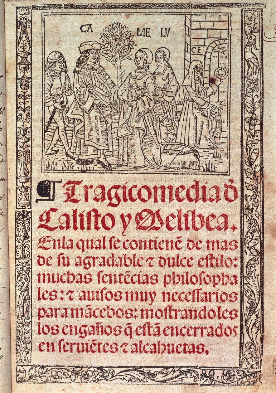 Miniatura em pergaminho na capa da Celestina ou Tragicomedia de Calisto y Melibea, manuscrito espanhol de Fernando de Rojas (1465-1541), publicado em 1531 de Fernando de Rojas