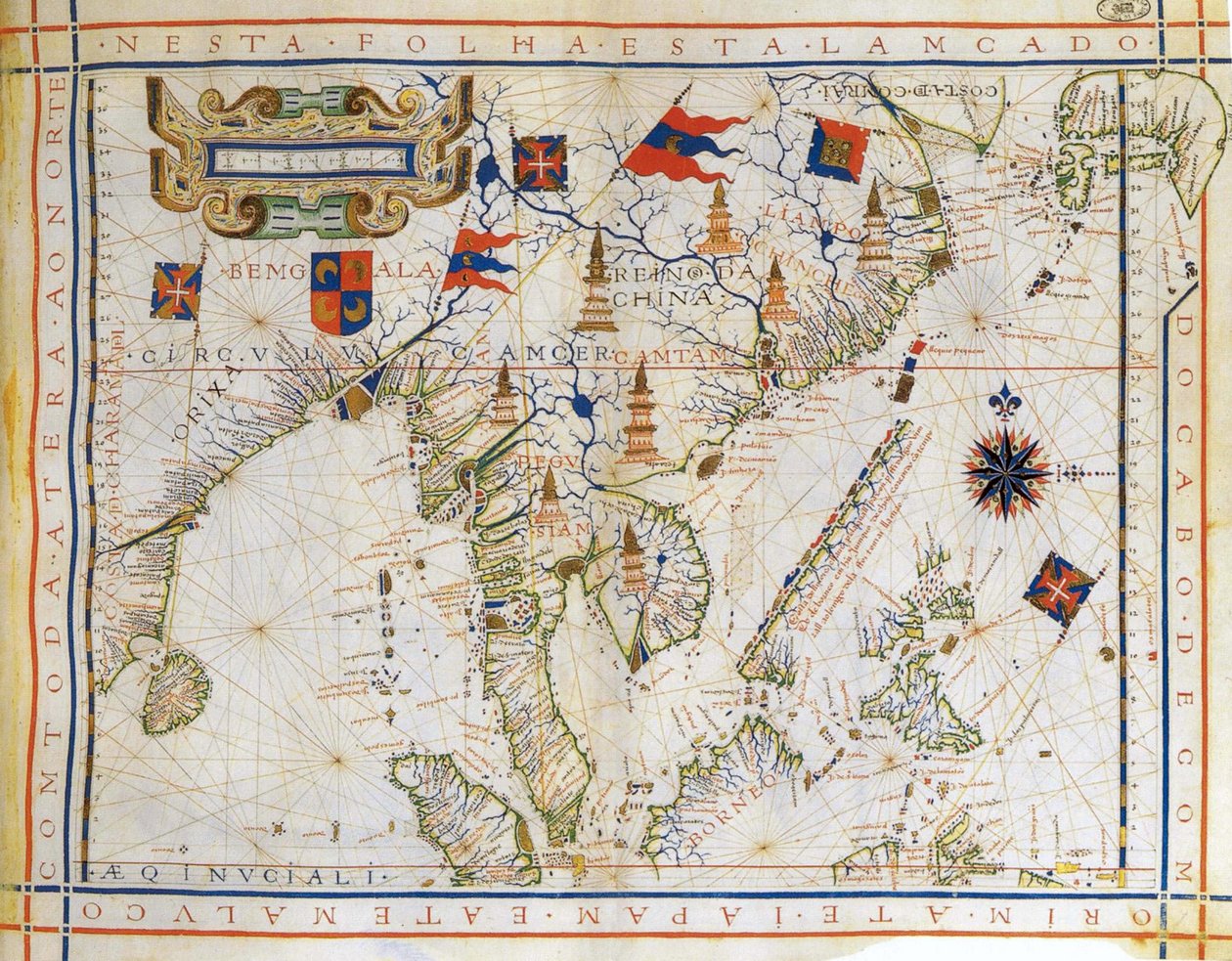 Carta-plano, mapa pré-Mercator de 1571 do cartógrafo português Fernão Vaz Dourado (c1520-c1580). Mapa da Índia Oriental, da Baía de Bengala, do Sudeste da China, da Tailândia, de Bornéu e do Japão. O Trópico de Câncer é nomeado. de Fernao Vaz Dourado
