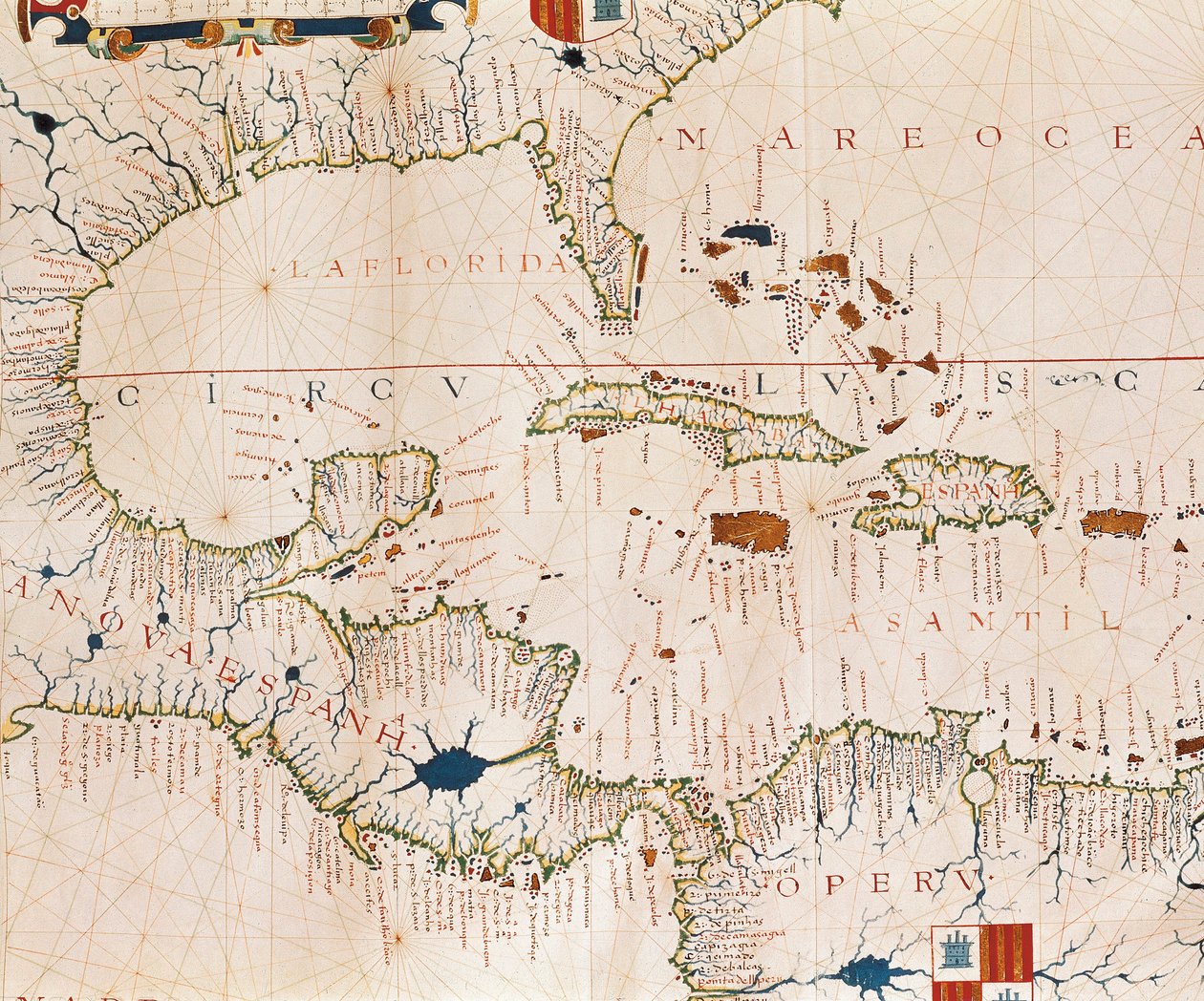 Portulan: Mapa geográfico com o nome da costa de Cuba, Florida, América Central e América Latina do Norte, Atlas Hidrográfico de Fernao VAZ DOURADO (século XVI) de Fernao Vaz Dourado