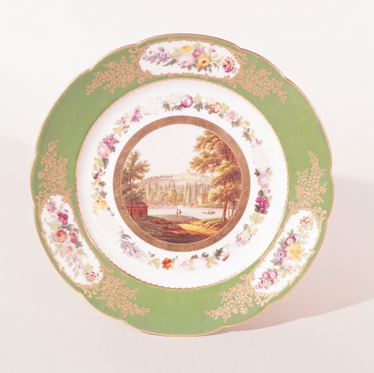 Placa representando o velho Pont de Sevres e o Pavillon de Breteuil, feito em Paris (porcelana) de Feuillet