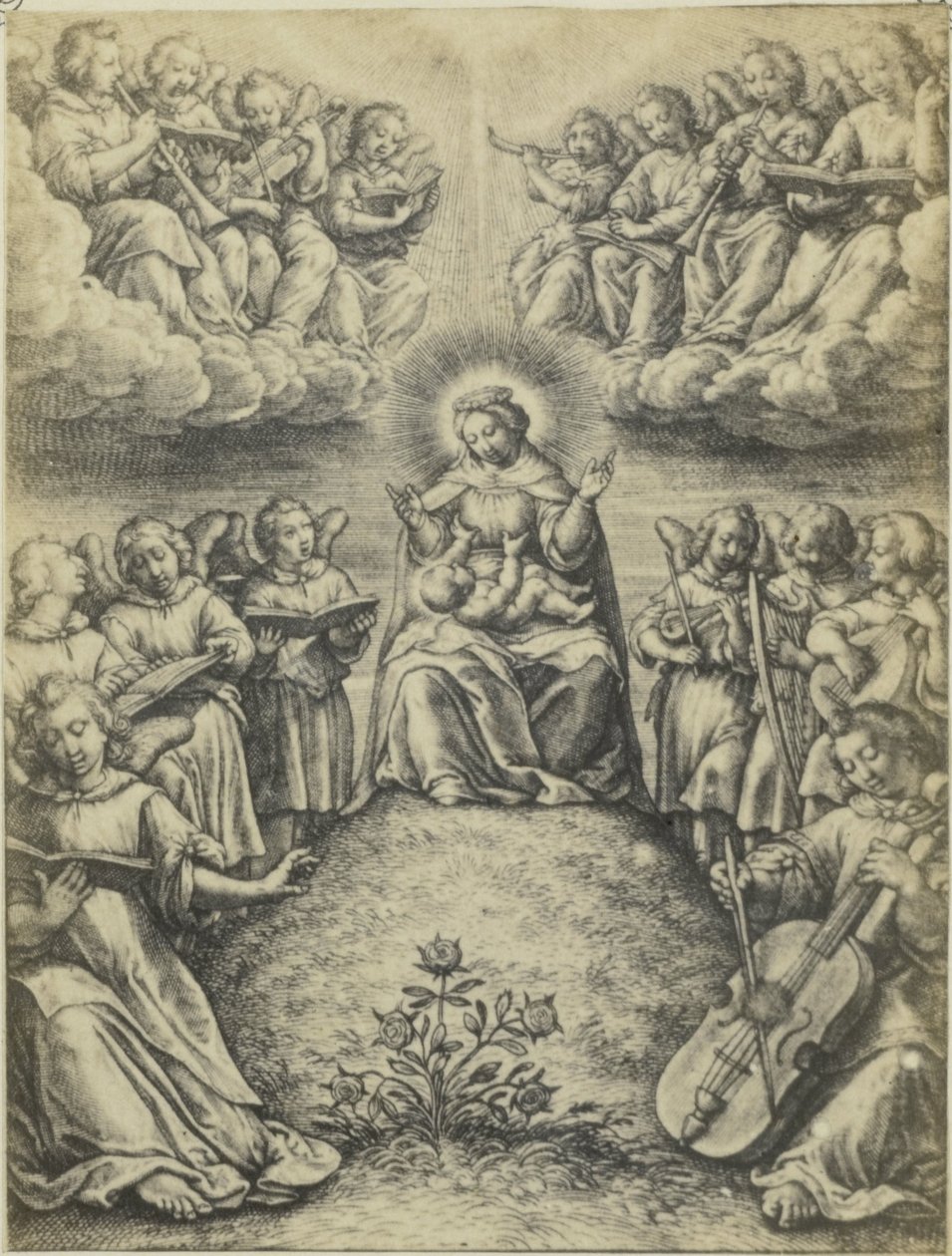 Fotoreprodução de gravura Le concert des anges door Hieronymus Wierix O concerto dos anjos de Fierlants