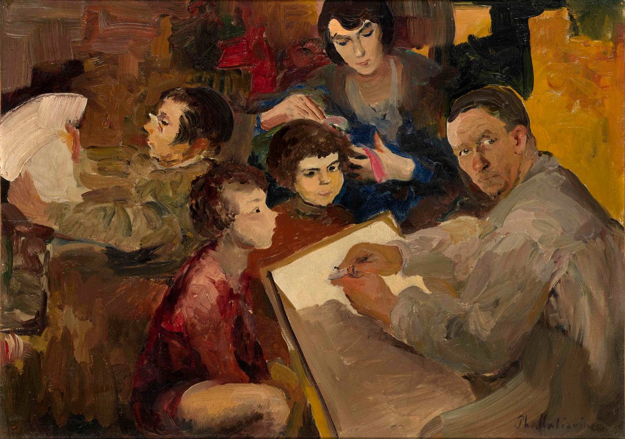 Autoportrait avec la famille (Auto-retrato com a família) - Peinture de Filipp Andreyevich Maliavin (Maliavine) (ou Andreyevich Malyavin) (1869-1940), huile sur toile (46,5x64,5 cm), art russe, fin 19e-debut 20e siecle - Colecção privee de Filipp Andreevich Maliavin