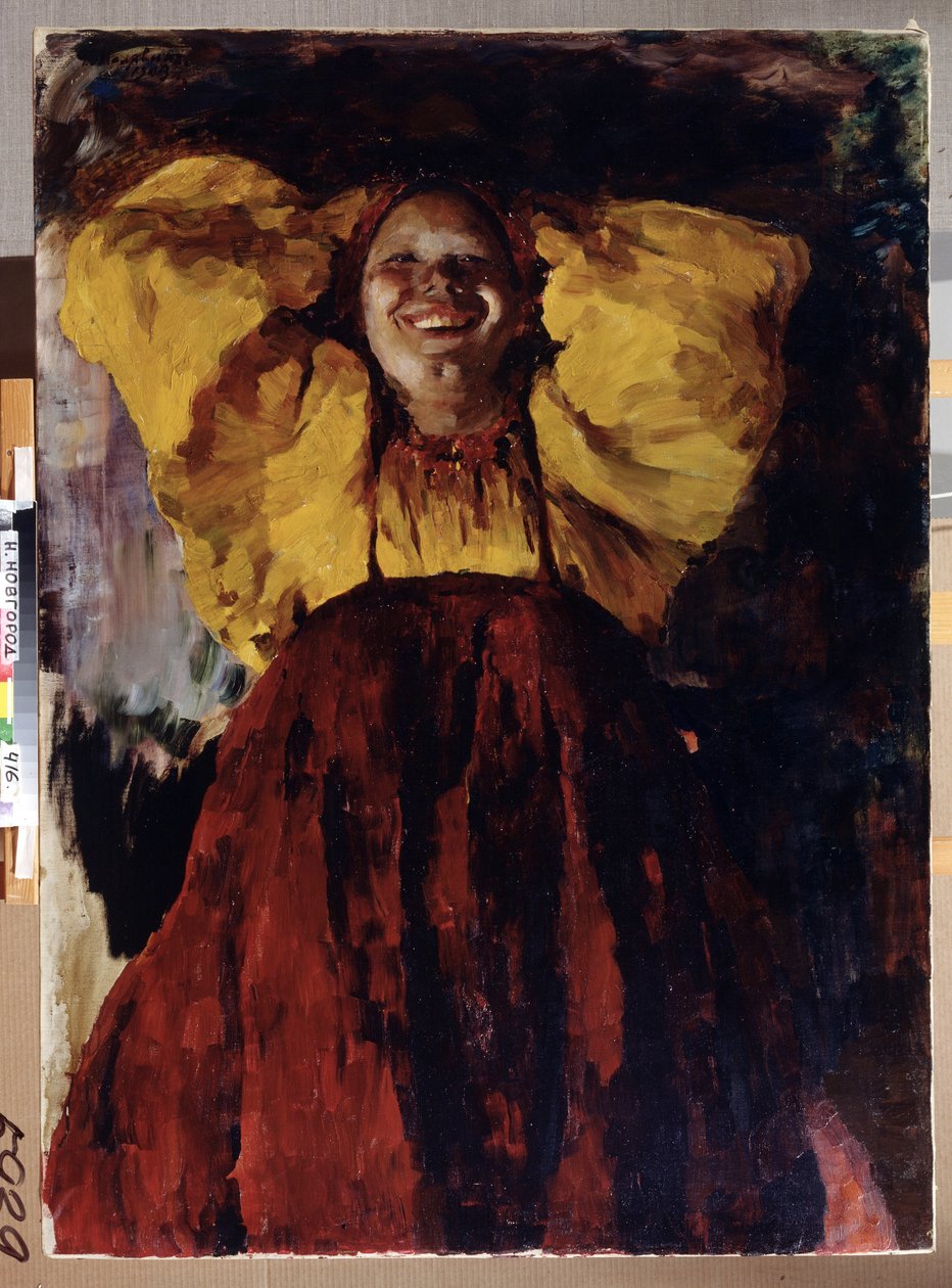 Mulher de Amarelo. Retrato de uma mulher alegre, vestindo um vestido tradicional, segurando as mãos atrás da cabeça. Pintura de Filipp Andreevich Maliavin (Maliavine) (ou Andreyevich Malyavin) (1869-1940), óleo sobre tela de Filipp Andreevich Maliavin