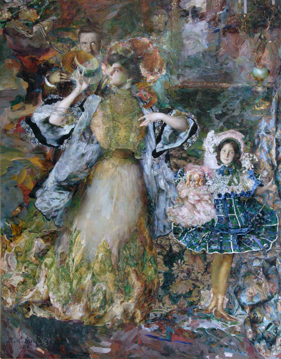 Auto-retrato com esposa e filha, 1910 de Filipp Andreyevich Malyavin