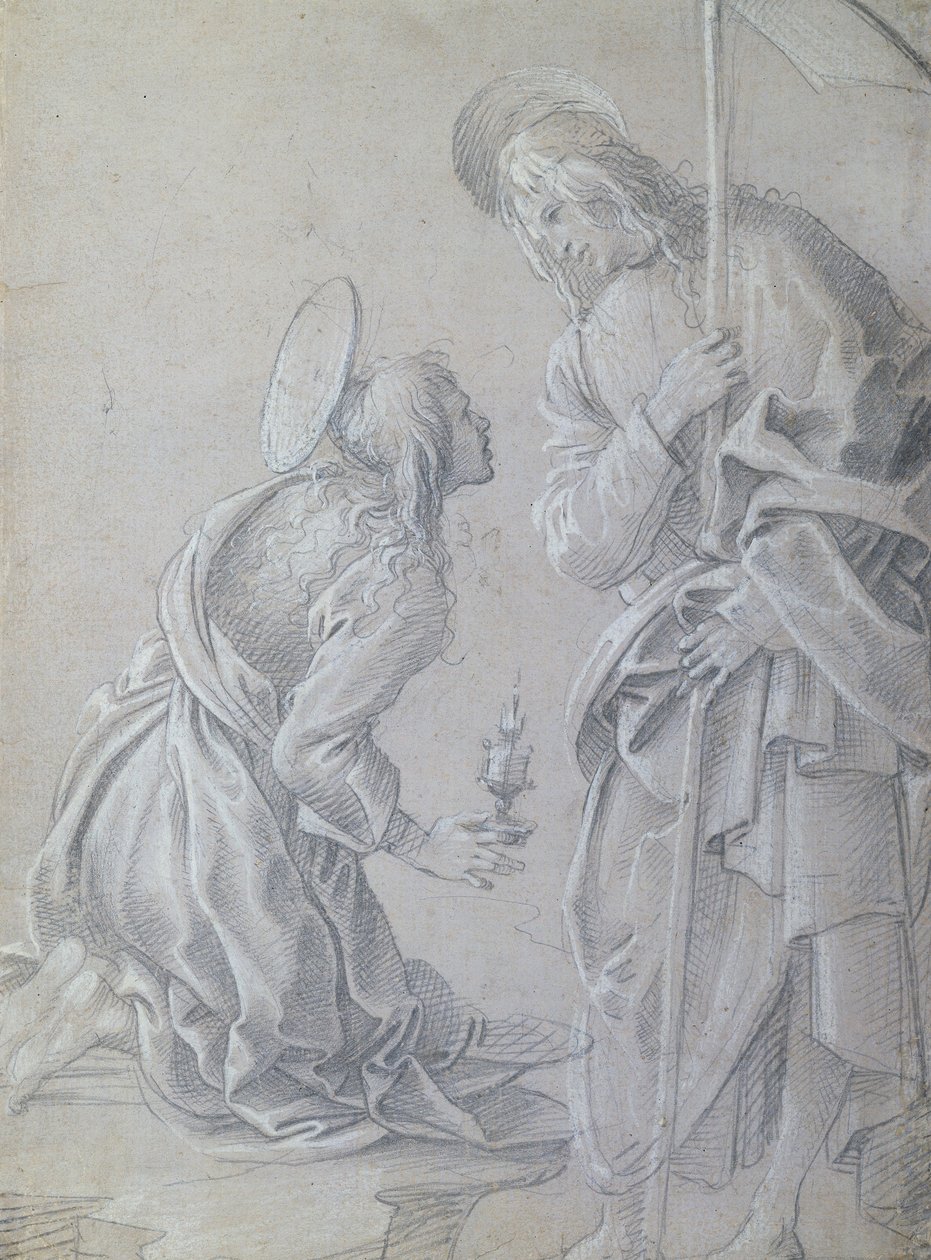 Ajoelhando-se com Santa Maria Madalena e Cristo em pé de Filippino Lippi