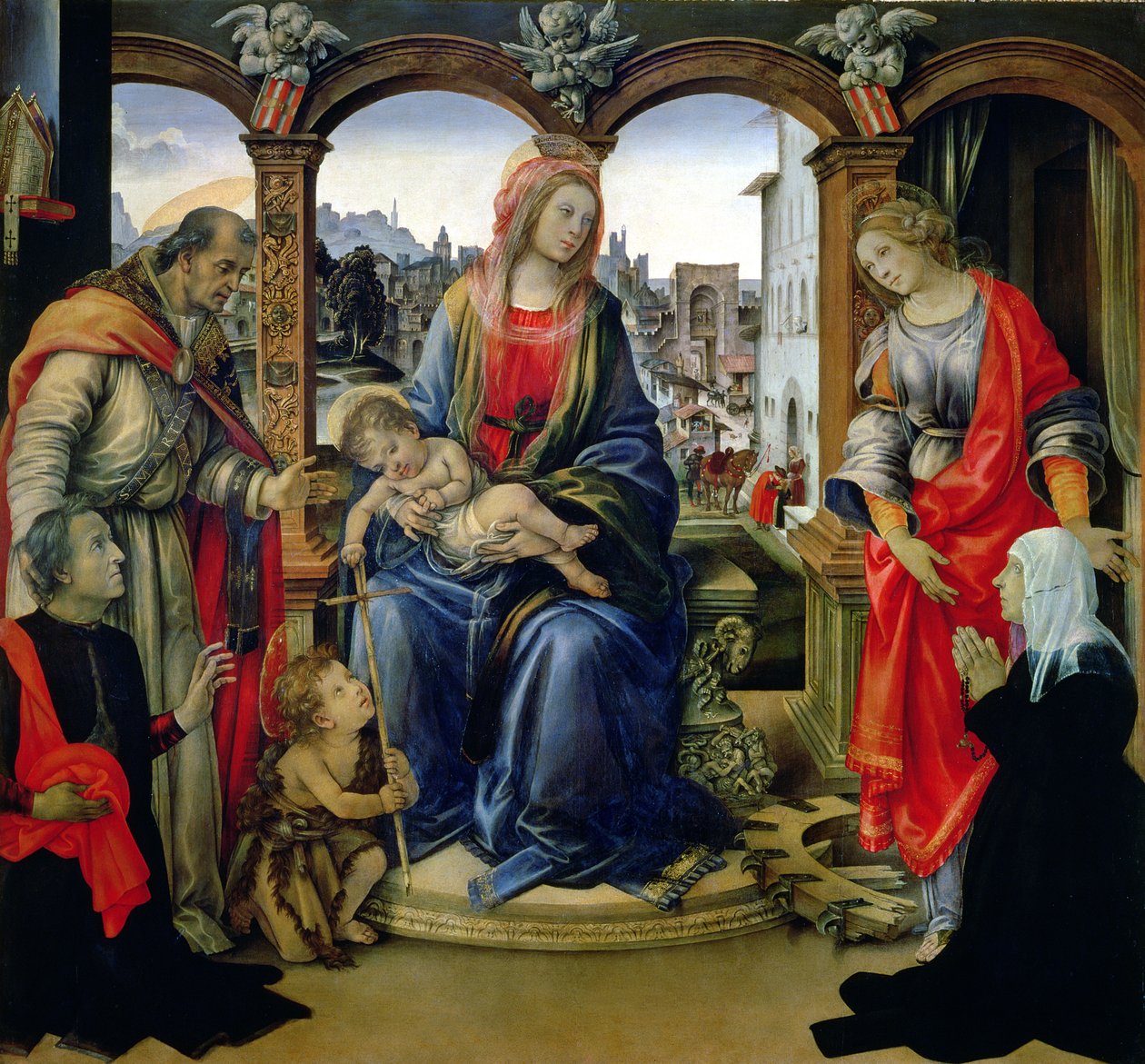 Retábulo de Nerli: Madonna e Child com o jovem São João Batista, São Martinho, Santa Catarina e os doadores Tanai e Nanna dei Nerli, 1494 de Filippino Lippi
