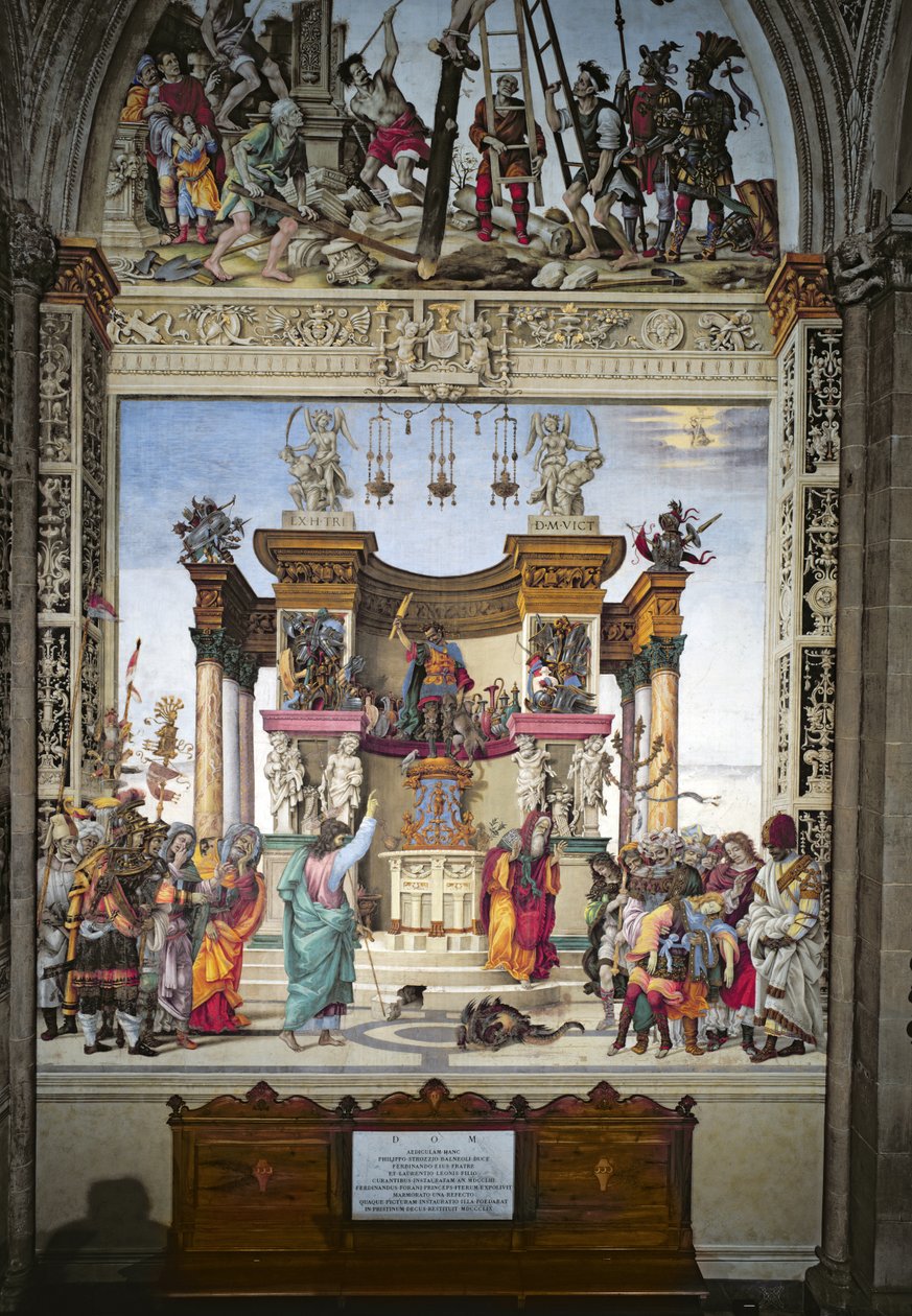 São Filipe exorcizando o demônio do templo de Marte, parede sul da Capela Strozzi, c.1497-1502 de Filippino Lippi