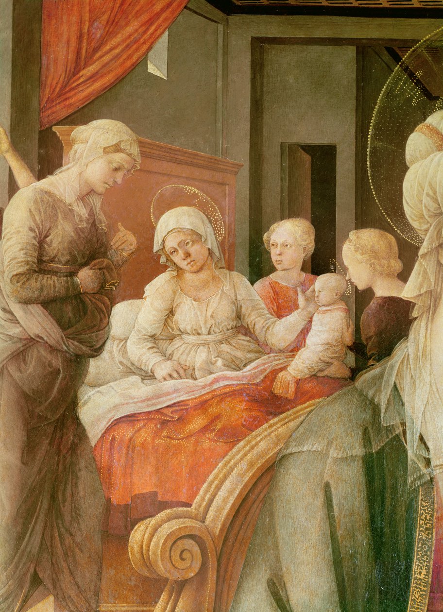 Tondo Bartolini, Madonna e Criança (história de Maria), detalhe do nascimento da Virgem, 1452 (óleo sobre madeira) de Filippino Lippi