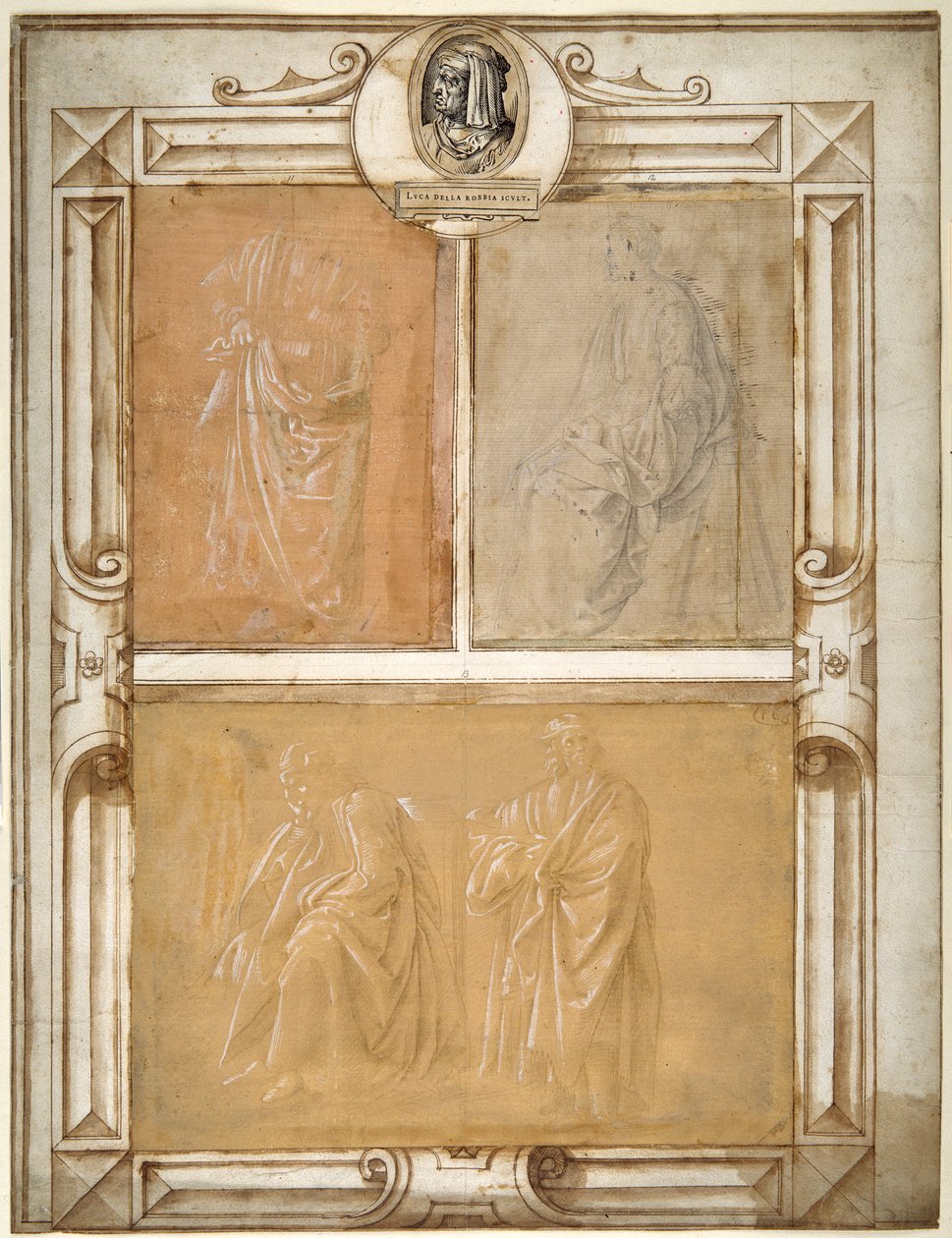 Estudos de figuras drapeadas (ponto prateado realçado com a cor branca do corpo em papel preparado) de Filippino (follower of) Lippi