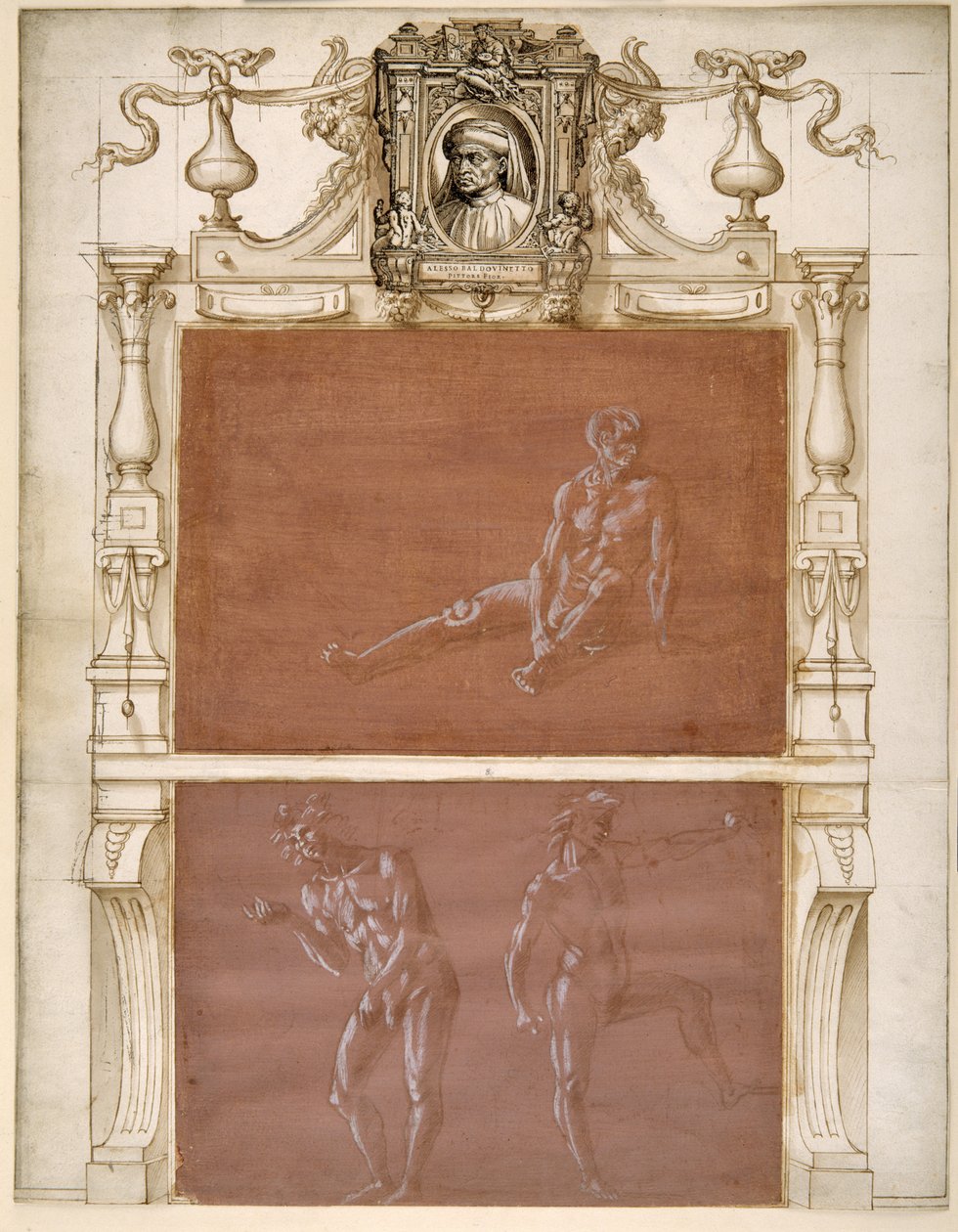 Um homem nu sentado e dois nus masculinos (ponto metálico elevado com a cor branca do corpo em papel malva preparado) de Filippino Lippi