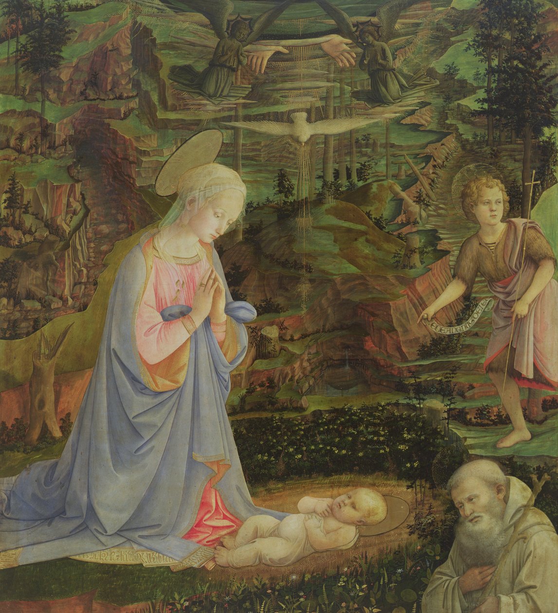 Adoração da Criança com a criança São João e São Romualdo (têmpera no painel) de Filippino Lippi