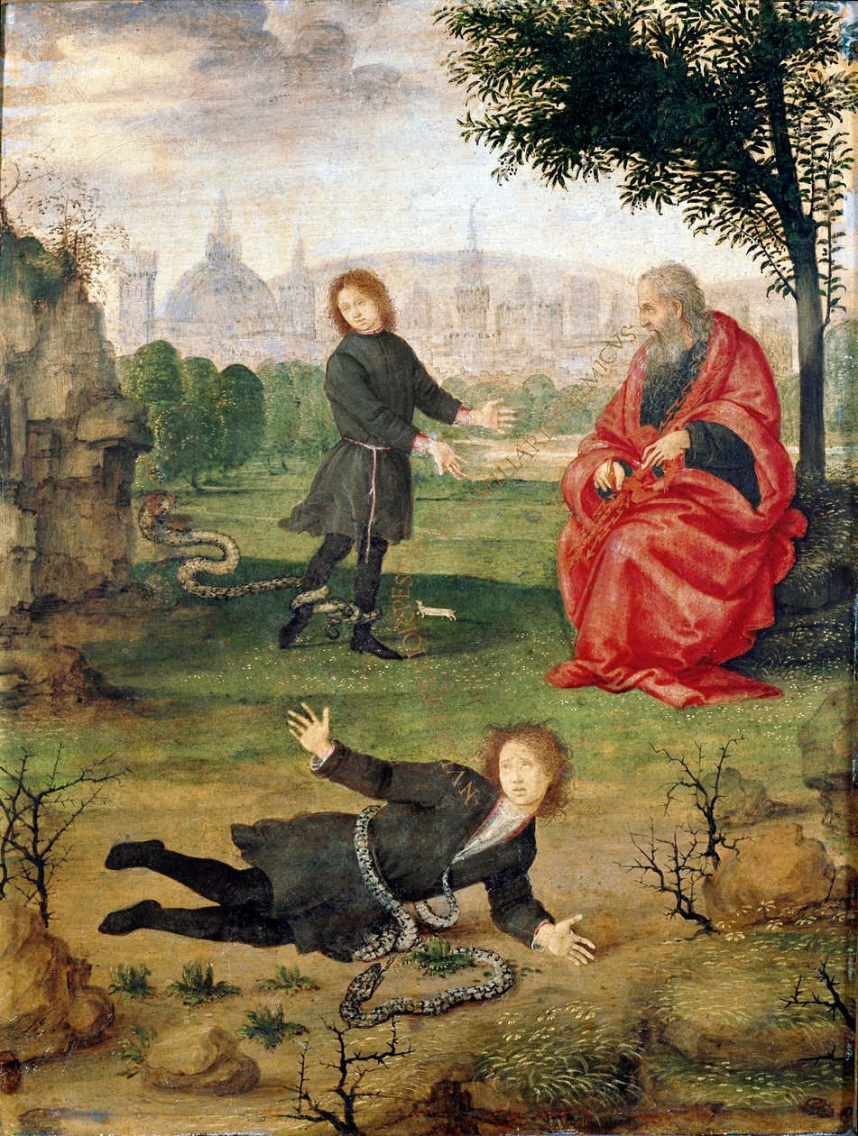 Alegoria da família Medicis com inscrição no meio "Nenhuma ferida é pior que um inimigo da família" Pintura de Filipino Lippi (1457-1504) 1494-1495 aproximadamente. Sol. 30x23 cm Florence Galleria degli Uffizi (Escritórios) - Alegoria da família Medici de Filippino Lippi