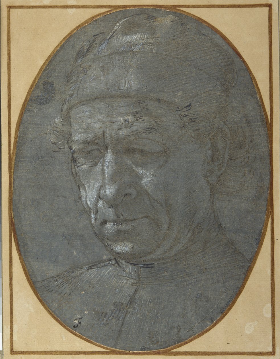 Cabeça de um homem idoso com um boné (ponto metálico em papel preparado em cinza azulado) de Filippino Lippi