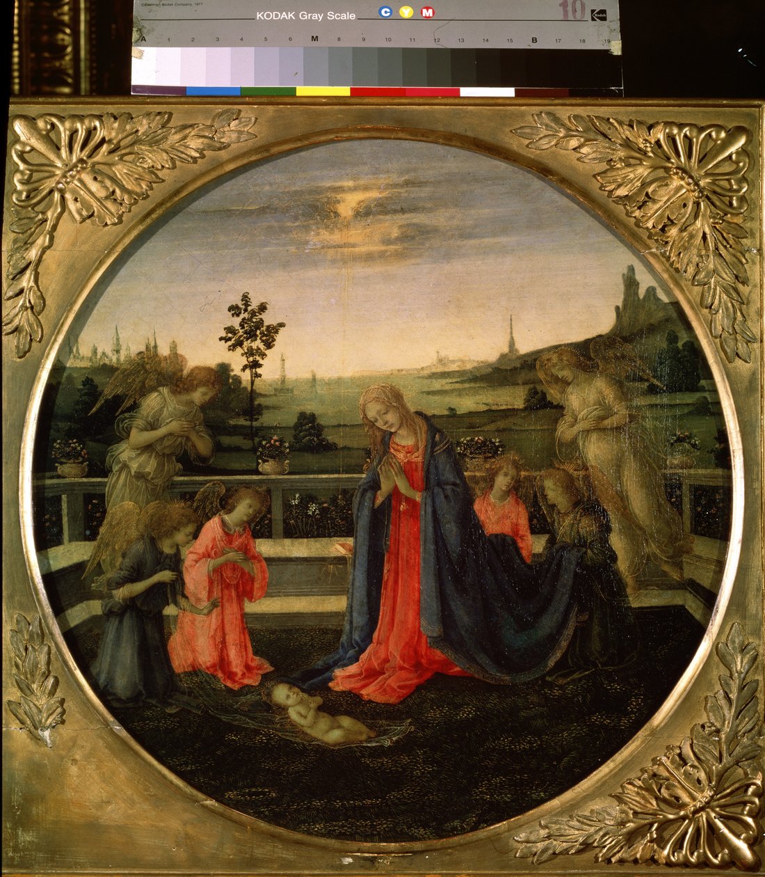 A Adoração do Menino Jesus. Jesus Cristo criança adorada pela Virgem Maria e os anjos. Pintura de Filippino Lippi (1457-1504), cerca de 1480. Têmpera sobre cobre. Arte florentina, período renascentista. Museu Hermitage, Saint Pet de Filippino Lippi