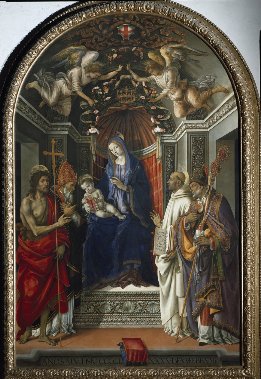 Madonna com a criança rodeada pelos Santos João Batista, Vitor, Bernardo de Claraval e São Zenobius (1485-1486, tempera em madeira de choupo) de Filippino Lippi