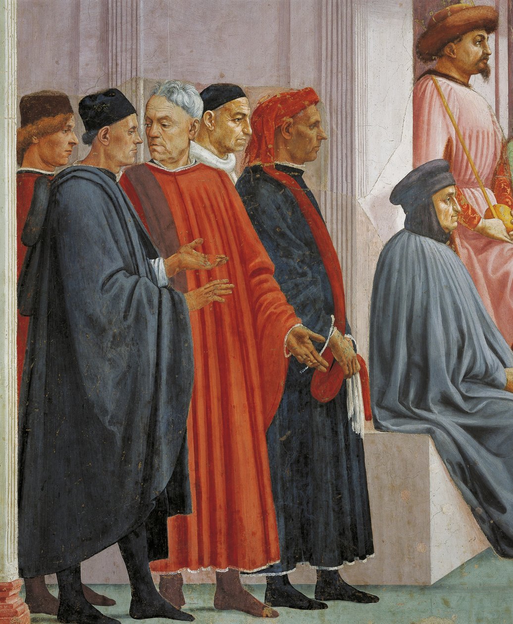 Homens em vestido medieval, detalhe de A Criação do Filho de Teófilo, de Tommaso Masaccio, fresco de Filippino Lippi