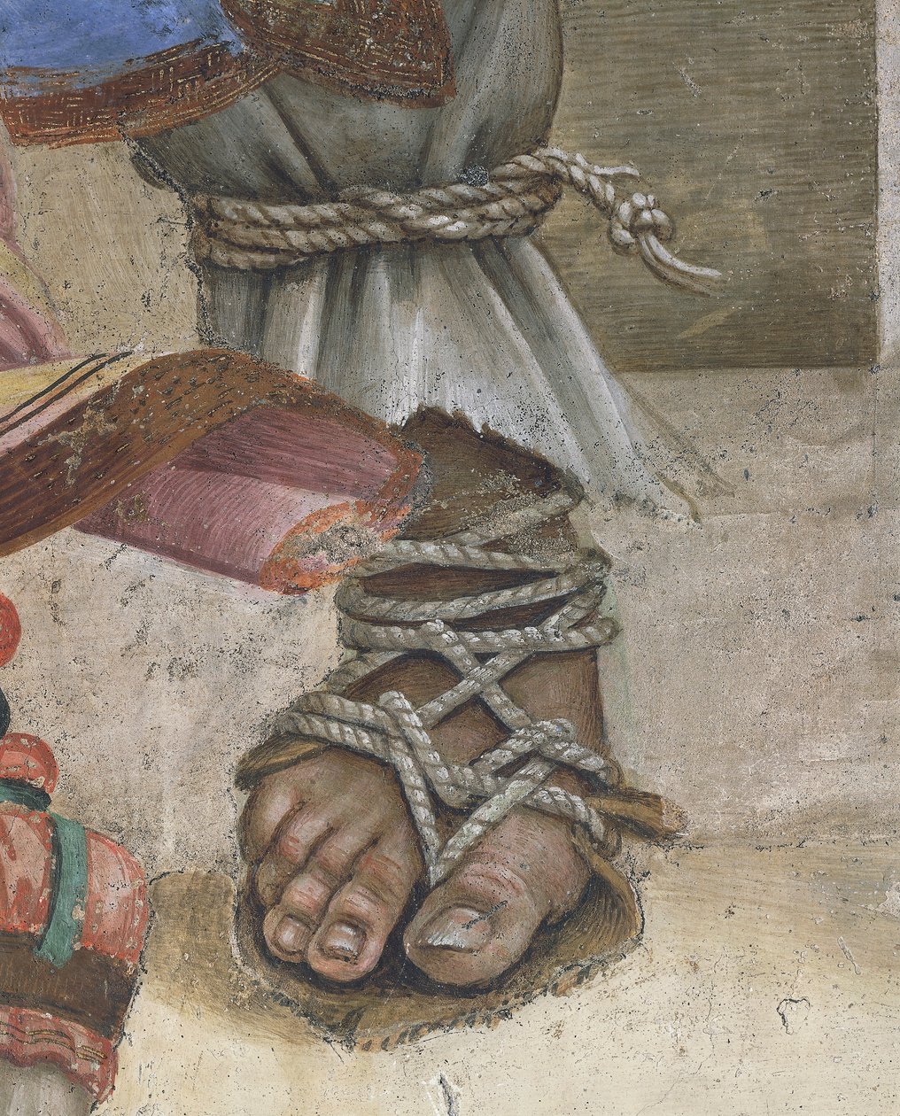 São João Evangelista Ressuscitando Drusiana por Filippino Lippi, detalhe de calçado, fresco de Filippino Lippi
