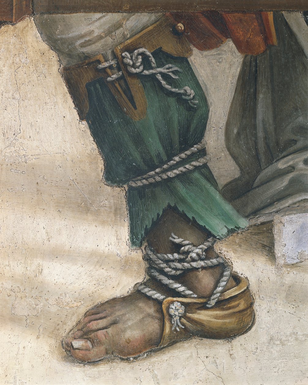 São João Evangelista Ressuscitando Drusiana por Filippino Lippi, detalhe de calçado, fresco de Filippino Lippi